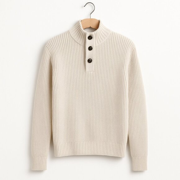 #077 WEATHERPROOF | Cream Waffle Knit Henley Quarter Buttonup Crewneck Sweater - Picture 1 of 8